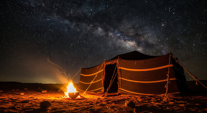 A traditional Bedouin tent and a crackling campfire illuminate the desert sand under the magnificent, star-filled night sky and the breathtaking Milky Way galaxy.