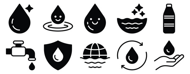 Water sustainability solid mix style icon set for clean water recycling conservation and hygiene utilities