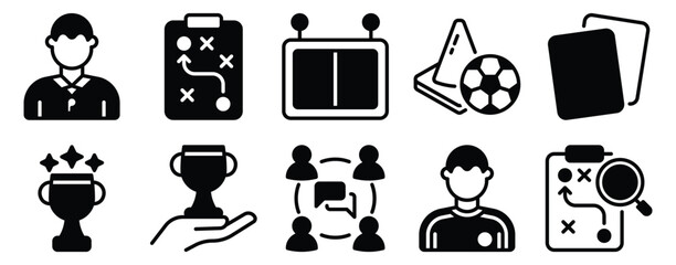Sports coaching solid mix style icon set for tactics training referee tools scoring and team planning