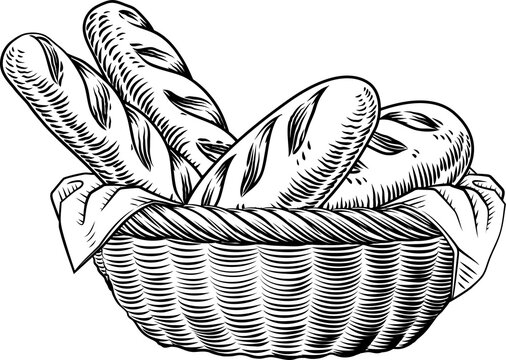 Vintage woodcut style drawing of a basket filled with artisan bread loaves. Ideal for bakery branding, packaging, menus, or food themed graphic design with a traditional feel. 