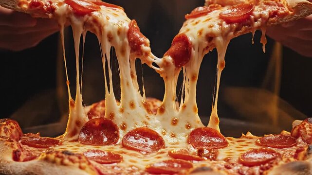 Delicious Pepperoni Pizza with Irresistible Stretchy Melted Cheese Pull, Freshly Baked and Ready to Eat