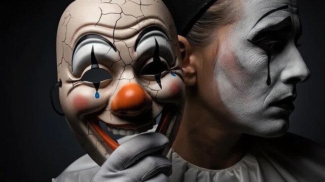 Mime Face Emotional Portrait, Sad Performer Holding Cracked Clown Mask, White Makeup with Black Tears, Dramatic Dual Identity Concept, Dark Studio Close Up 4K