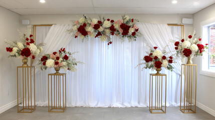 Elegant Floral Backdrop with White Drape and Gold Stands