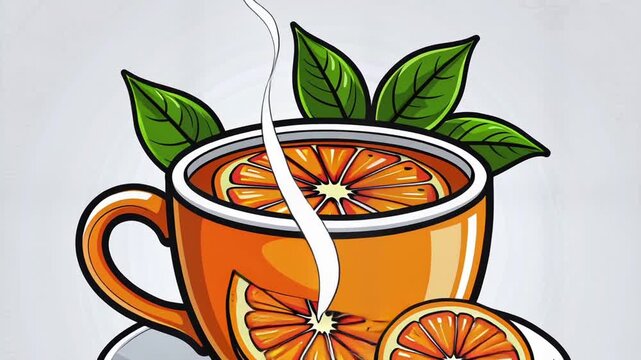 Orange tea with orange slices and green leaves in a cup on a saucer.