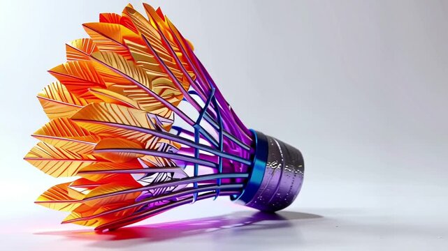 Colorful badminton shuttlecock with vibrant feathers on a white background.