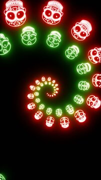 Seamless vertical video of a spiral of mexican skulls with neon glow. Funny Halloween background with fluorescent effect for parties and events.