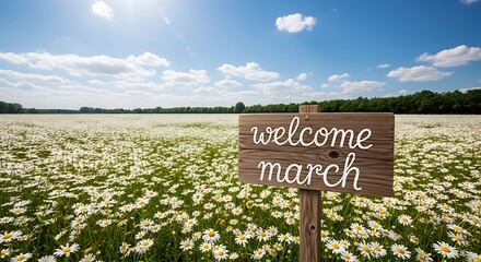 Welcome March wooden sign in blooming white wildflowers spring meadow landscape sunny day