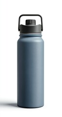 A cylindrical, insulated bottle in matte blue, with a black lid and handle, isolated on white