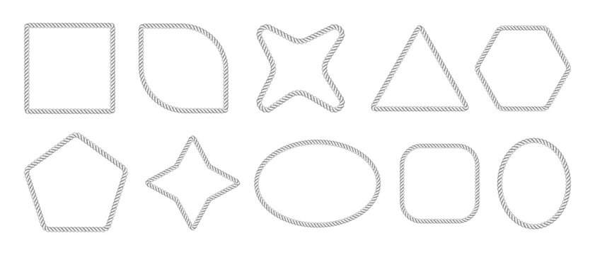 Rope brush frame borders in square and round shape vector illustration set. Nautical vector design with braided rope patterns, perfect for marine-themed decorations and vintage sailor graphics.