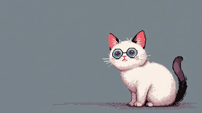 Pixel Art Animation Cute Anime Kitten Sitting in Loaf Position Meowing Softly in Plain Background