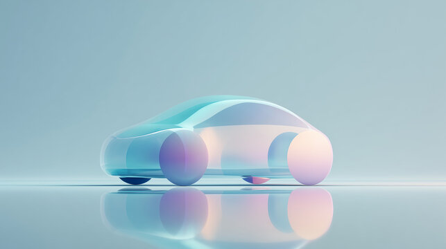 Abstract autonomous vehicle concept with minimal futuristic glass shapes, 3D translucent car design in pastel gradient colors for future mobility and tech branding
