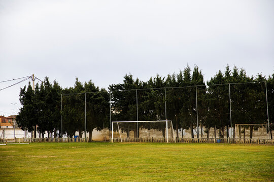 Empty grass football field surrounded by tall trees and net