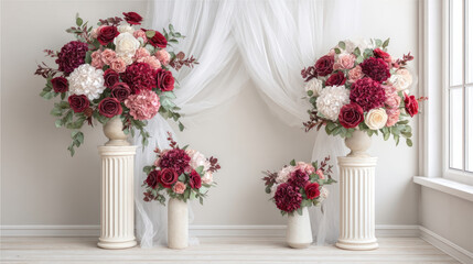 Romantic Floral Display with Velvet Red White Pink Blooms