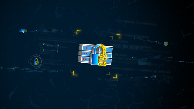 AI data protection system with secure server lock, cybersecurity shield, digital network security technology