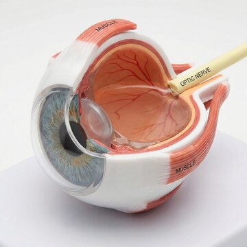 Detailed anatomical model of human eye showing iris cornea lens retina optic nerve muscles realistic medical illustration