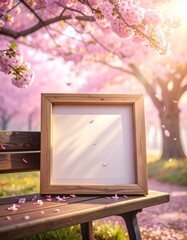 桜咲く公園のベンチに置かれた木製フォトフレームの縦位置モックアップ