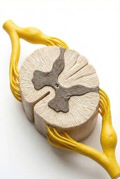 Cross section of human spinal cord showing gray matter white matter central canal nerve roots realistic medical