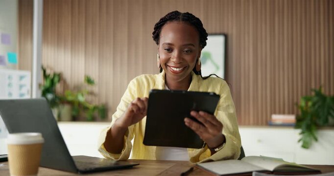 Thinking, creative and black woman on tablet in office for editing story, proofreading and web research. Publishing, journalism and person on digital tech for editor feedback, article and planning