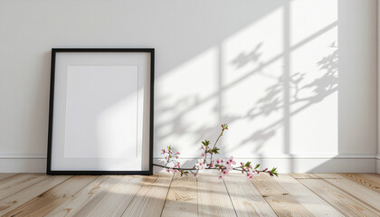 白い壁に映る木の枝の影とフローリングに置かれたポスターフレームのモックアップ