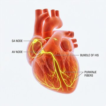 Detailed anatomical model of human heart showing electrical conduction system SA node AV node bundle branches realistic