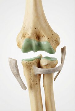 Exploded view of human elbow joint showing humerus radius ulna annular ligament articular cartilage realistic