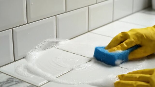A gloved hand with a blue sponge cleans white tiled surface, creating foamy bubbles