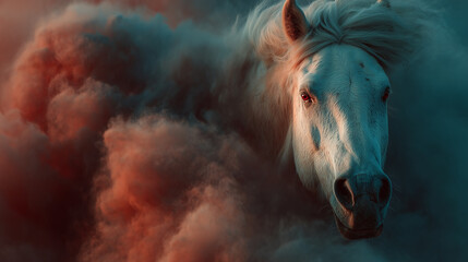 Obraz premium Close up white horse and lot of smoke effect is background , epic animal background image.
