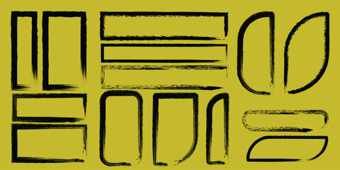 A collection of hand drawn black brush stroke shapes and frames on a mustard yellow backdrop