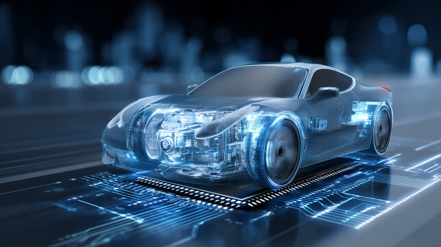 Global automotive semiconductor industry concept with abstract 3D car wireframe, high-tech vehicle power system and digital electronic components on integrated circuit