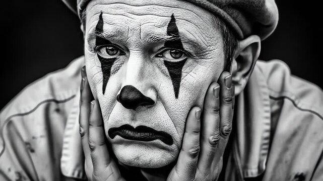 Mime Face Sad Portrait, Depressed Performer with White Makeup and Black Tears, Dramatic Close Up Expression, Dark Theatrical Studio Concept 4K
