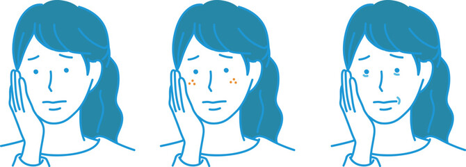 肌荒れを気にする女性の顔イラストセット © kabu