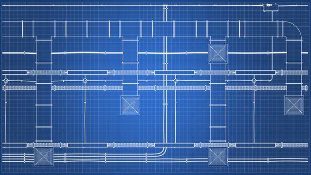 Industrial Overhead Ventilation Ductwork System - ventilation systems for warehouses. Technical drawing, blueprint. 3D Mesh, Sketch, Vector style. 3D rendering isolated on blue background. For edu