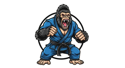 Aggressive Gorilla Martial Arts Mascot Logo in Blue Gi Vector Illustration