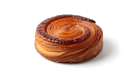 Authentic Kouign-amann from Brittany, France, featuring delicate laminated layers with a rich buttery texture and caramelized sugar glaze, isolated on a clean white background