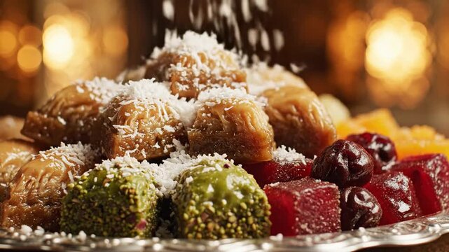 Sweet Delights: Shredded Coconut Falling on a Platter of Traditional Baklava, Turkish Delight, and Dried Fruits