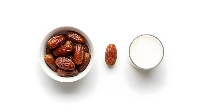 Fresh Dates and Milk in a Bowl and Glass on White Background.