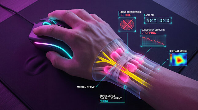 Carpal Tunnel Syndrome concept: Gamer hand on mouse with digital scan of compressed median nerve.