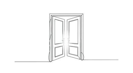 Open double doors with glowing light, continuous black line drawing © Line Home