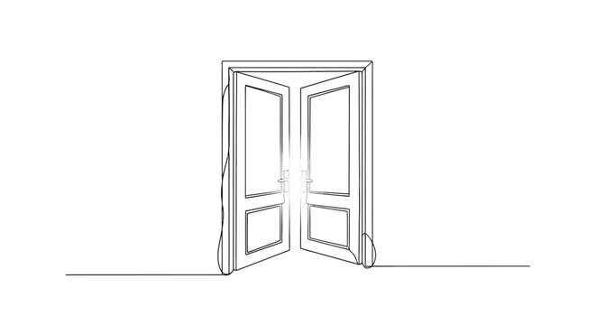 Open double doors with glowing light, continuous black line drawing