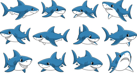Naklejka premium Cute Shark Cartoon Character Poses Set