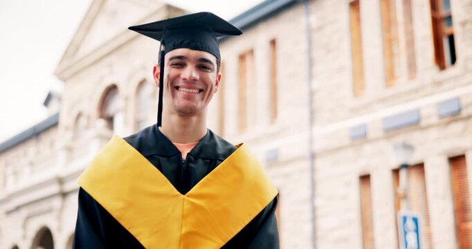 Face, graduate and man with smile, outdoor and university student with robe for ceremony or success. Person, laughing and happy for academic milestone, education and celebration for knowledge in USA