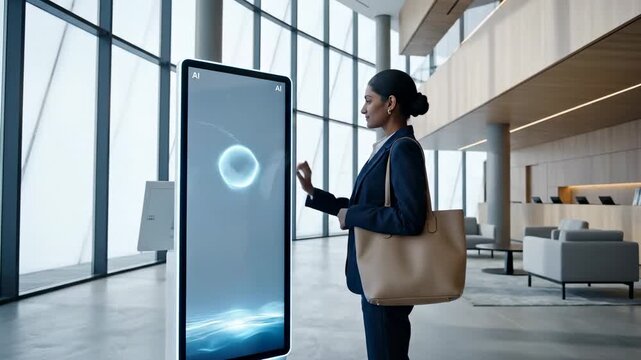 Businesswoman in formal attire approaches digital kiosk displaying welcome message, interacts with touchscreen, and receives check-in confirmation in modern office lobby