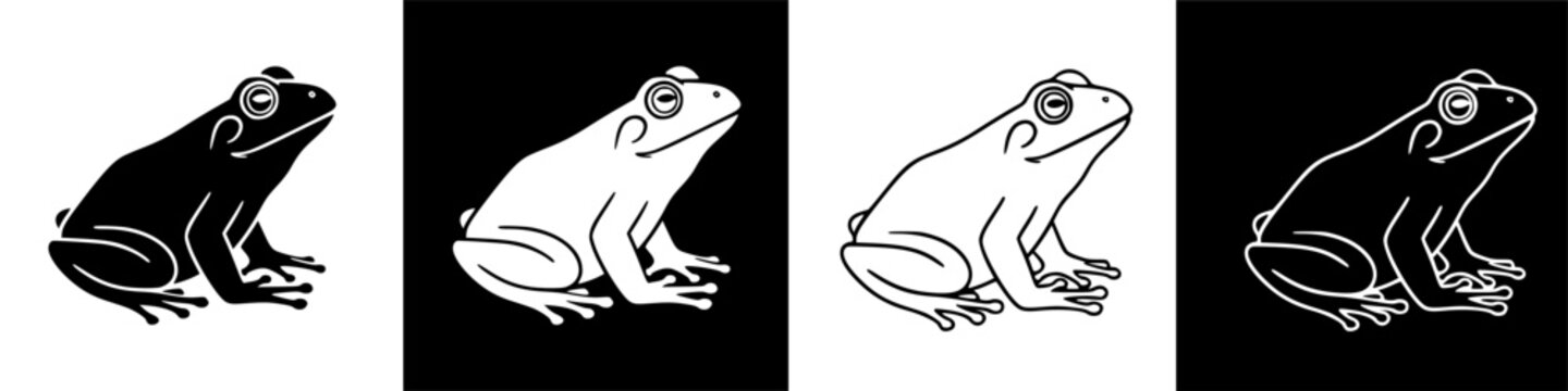 Stylized frog illustration featuring white silhouette and outline on black background