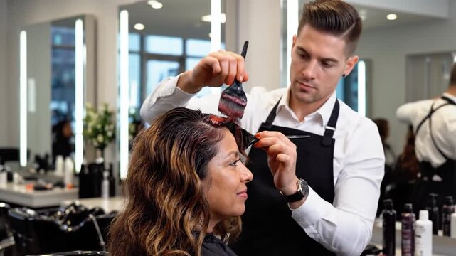 Skilled hairstylist applies balayage highlights to a woman s hair in a modern salon setting showcasing professional beauty services and personalized styling