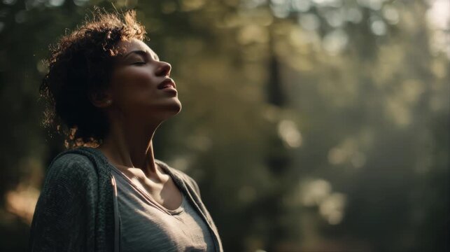 Woman standing in forest enjoying fresh air and sunlight, practicing mindful breathing and connecting with nature in a peaceful outdoor setting.