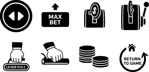Fototapeta premium Casino Slot Machine Interface Icons Featuring Max Bet Buttons Lever Pulls And Coin Stacks