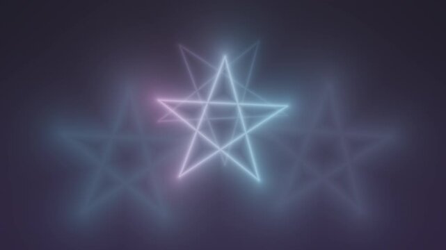 Neon pentagram shapes glow and overlap on a dark gradient