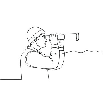 Continuous line drawing of a man looking through a spyglass, concept of vision and discovery.