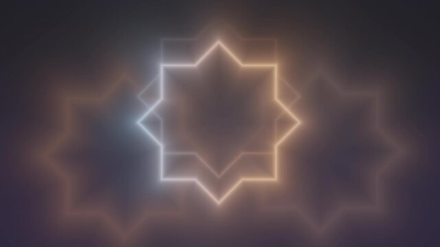 Neon octagram shapes glow and layer in motion against a dark background