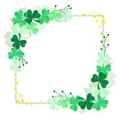 St. Patrick's Day Square Frame with Green Shamrock Clover Border and Elegant Gold Accents on White Background for Greeting Cards and Irish Holiday